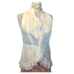 Subtle Luxury Linen White sleevless top with ruffels and high neck size small